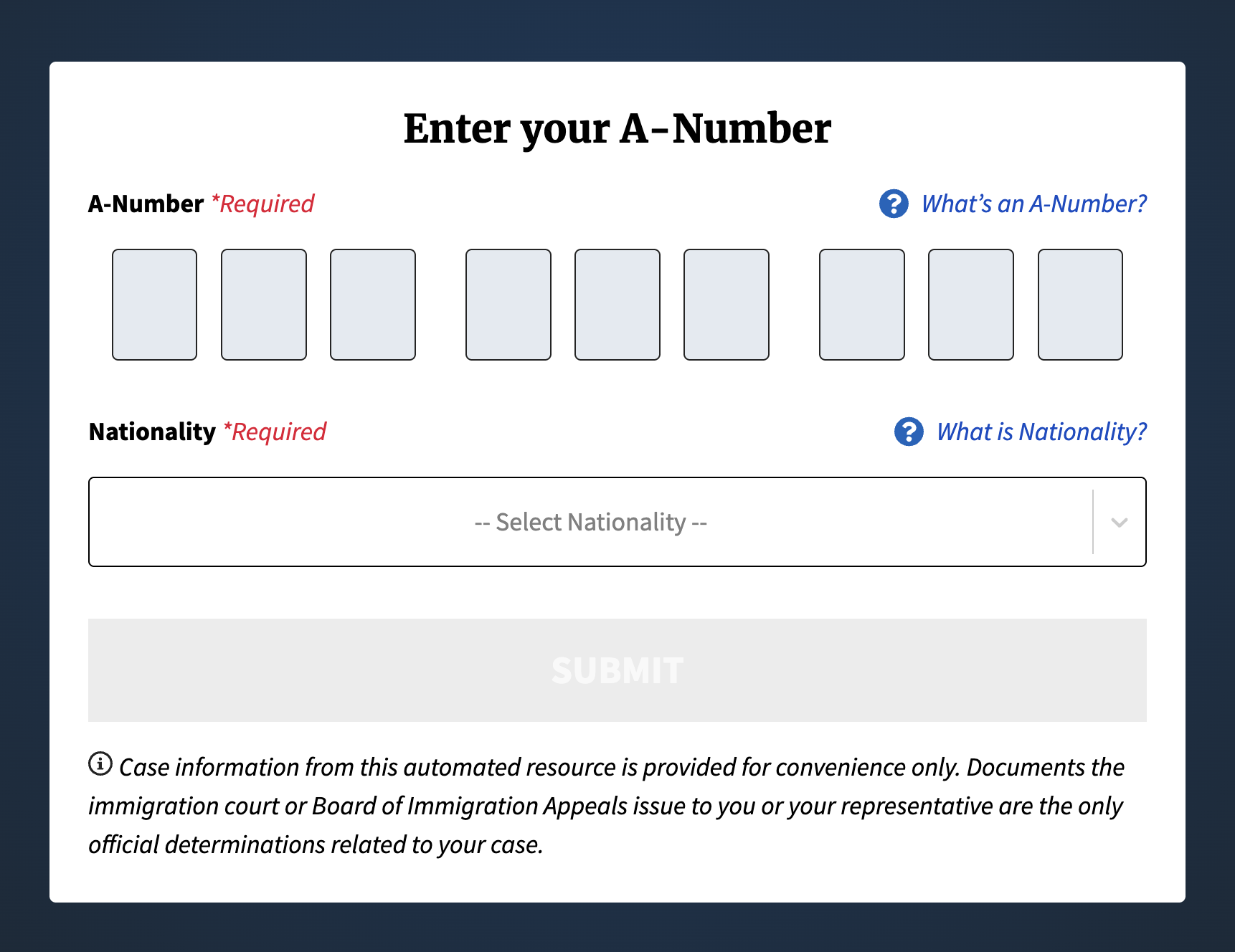 The web interface of the EOIR Automated Case Information website showing inputs for A-Number and Nationality