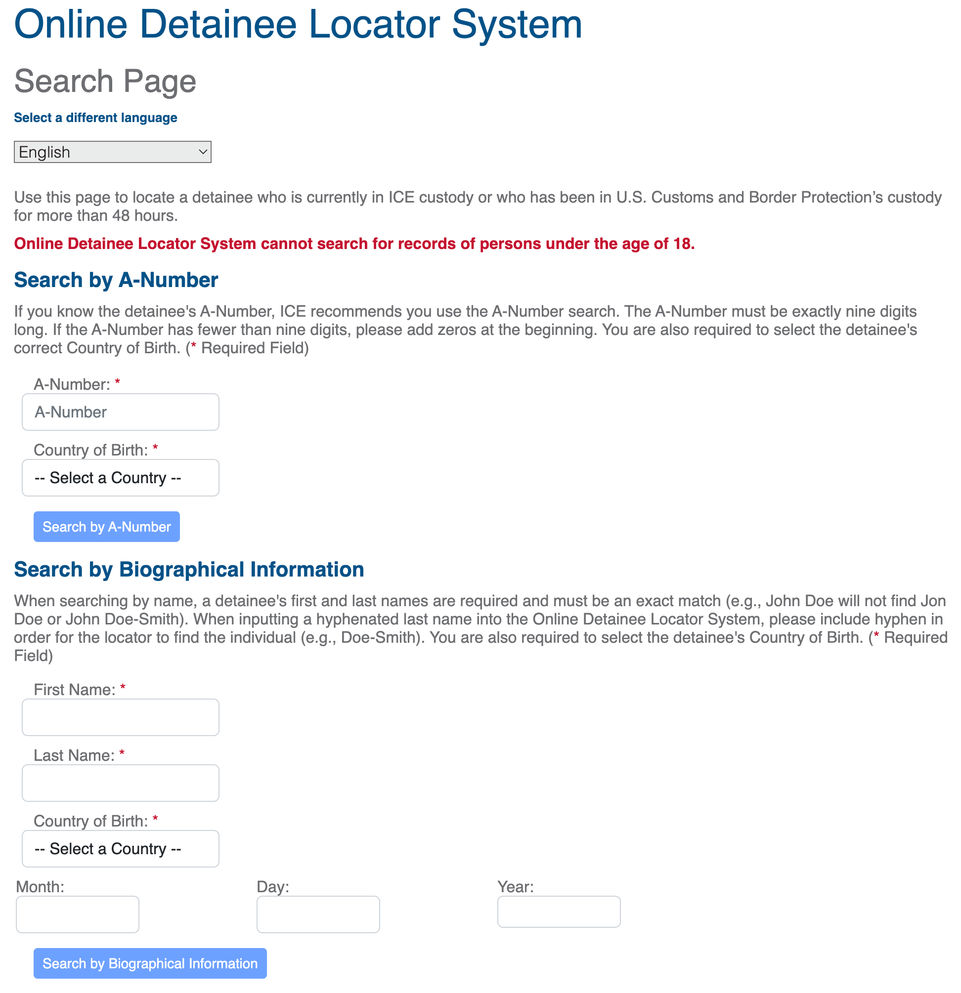 The web interface of the ICE Detainee Locator System showing search inputs for A-Number or Biographical Information
